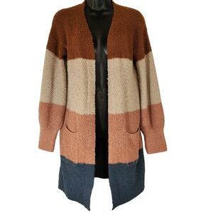 SO‎ Open Front Cardigan Color Block Knit Pockets Cozy Warm Brown Blue M
